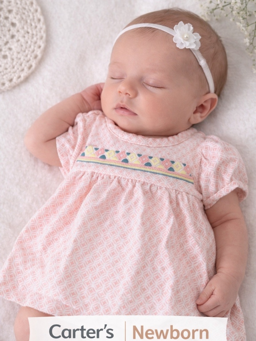 Carter's Pale Pink Diamond-Print Baby Dress with Embroidered Accents
